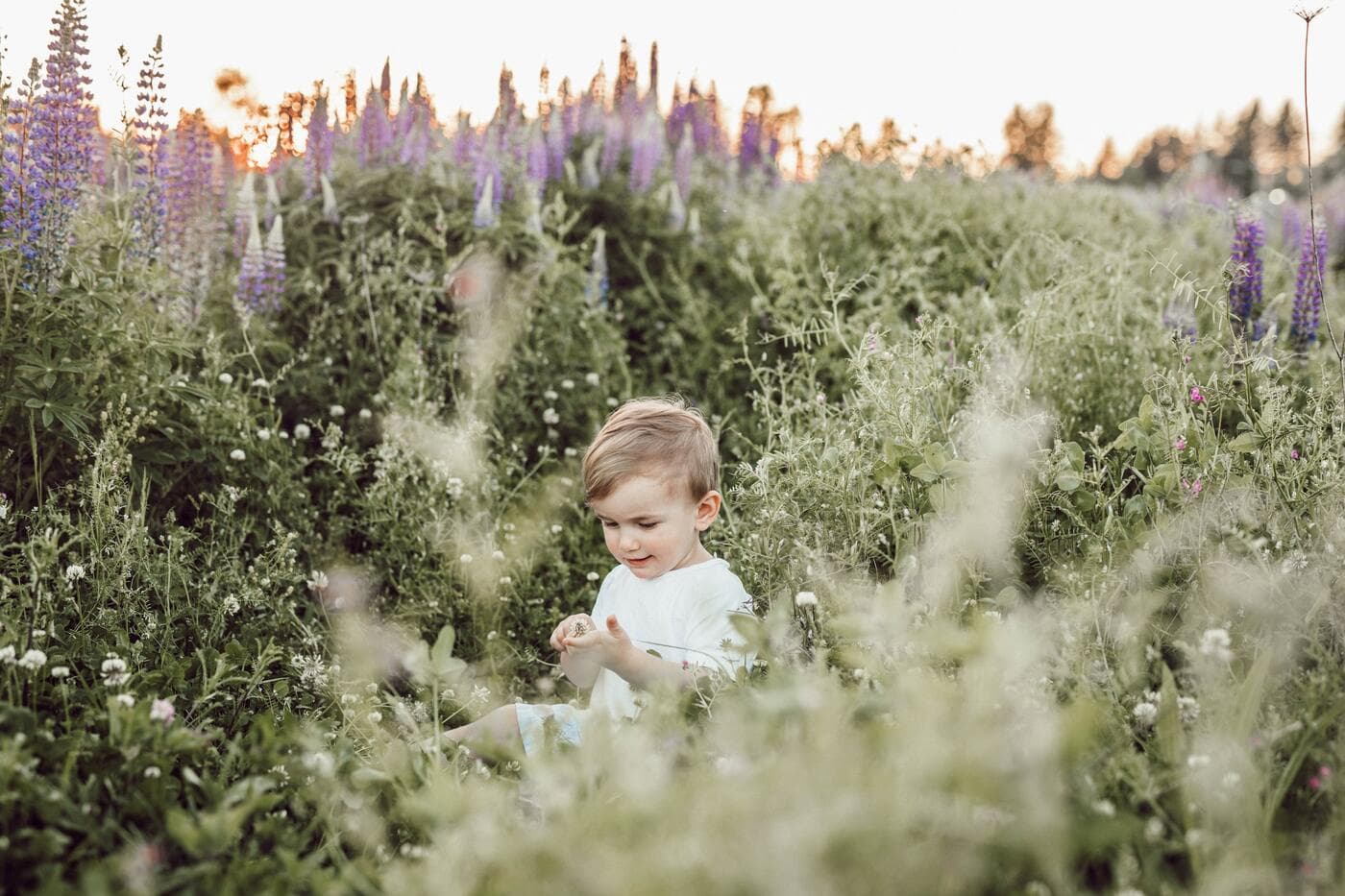 Barn sitter i en blomstereng
